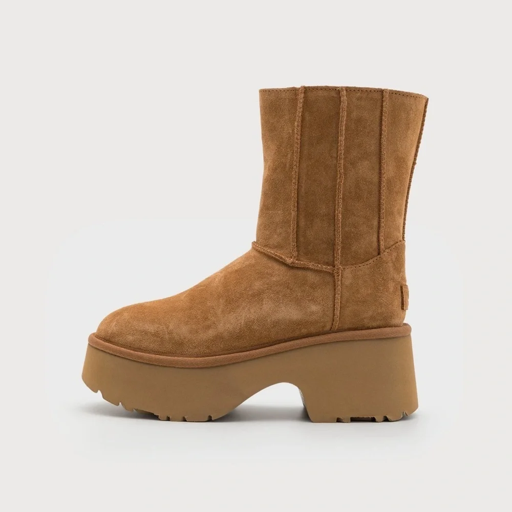 UGG Classic New Heights Suede and Shearling Heeled Ankle Boot - Picture 2 of 9